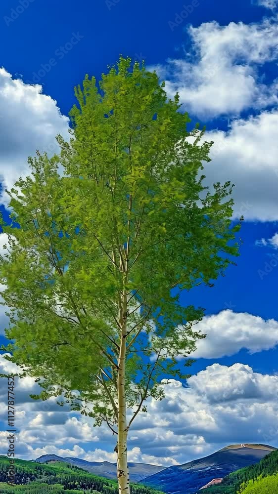 Bright green tree stands tall under a blue sky filled with fluffy white clouds in a serene natural landscape