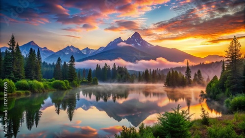 Serene Mountain View at Dawn: Captivating Early Morning Light Before Sunrise, Showcasing Majestic Peaks and Tranquil Landscape in a Stunning Natural Setting