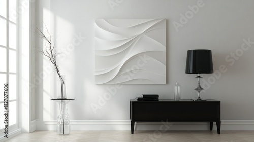 Modern white wall art with waves design in minimalist interior.