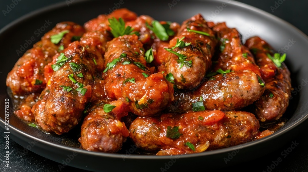 Juicy Sausages Smothered in Rich Tomato Sauce with Fresh Herbs Juicy Sausages Smothered in Rich Tomato Sauce with Fresh Herbs