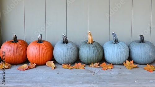 Six pumpkins, three orange and three blue-green, with autumn leaves on a wooden shelf. photo