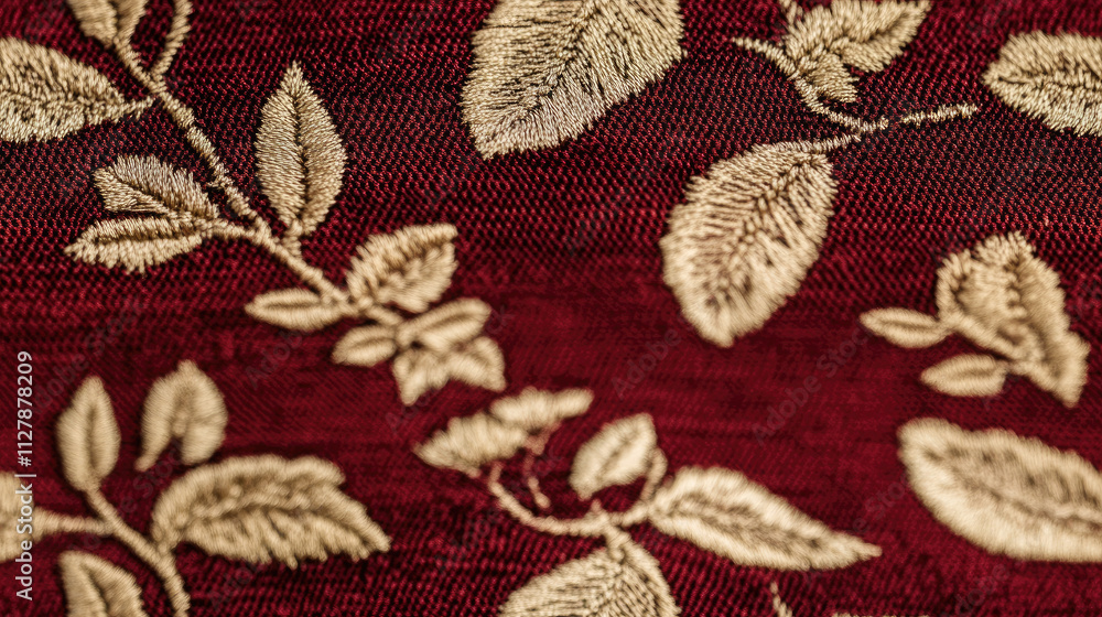Red canvas material, pattern with leaves and plants, traditional Japanese kimono style, elegant, embroidery, curtain, bed Red canvas material, pattern with leaves and plants, traditional Japanese kimono style, elegant, embroidery, curtain, bed