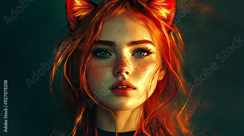 A fictional person, not based on a real person. a portrait of a redhead young woman with cat ears. ai generated art. Halation. Illustration photo