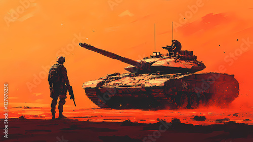 A fictional person, not based on a real person. a soldier with a gun in a hand stays by the tank . ai generated art. Halation. Illustration photo