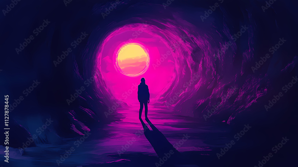 Fototapeta premium A silhouette in a mystical tunnel, illuminated by a warm, glowing light. Halation. Illustration