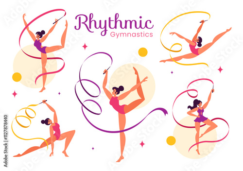 Rhythmic Rope Gymnastics Vector Illustration featuring a Female Rhythmic Gymnast Performing with a Rope in a Graceful Pose on a Flat Background