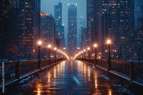 A tall city bridge with twinkling lights in the evening, surrounded by tall buildings, the lights create a beau, Generative AI 