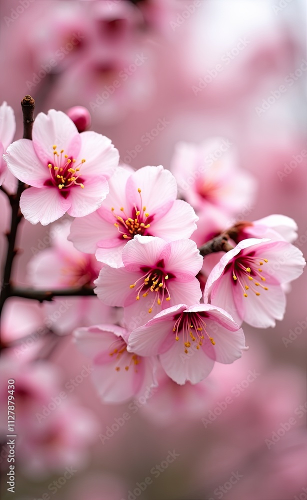 A cluster of delicate pink cherry blossoms in full bloom bathed in soft sunlight.
