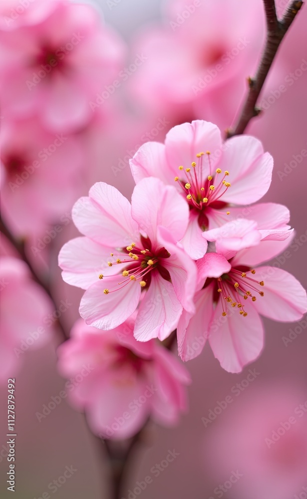 A cluster of delicate pink cherry blossoms in full bloom bathed in soft sunlight. A cluster of delicate pink cherry blossoms in full bloom bathed in soft sunlight.