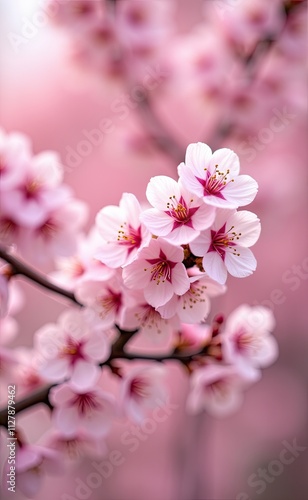 A cluster of delicate pink cherry blossoms in full bloom bathed in soft sunlight.