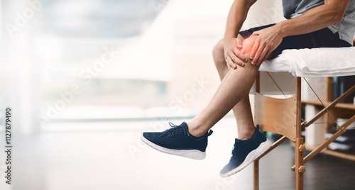 Photography Physiotherapy, hands and knee pain with injury inflammation on bed for health consultation and rehabilitation