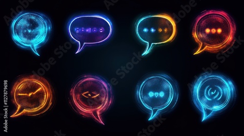 High-tech icon collection featuring futuristic speech lines with glowing effects and editable vectors on a dark digital background