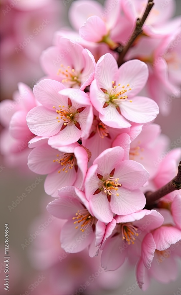 A cluster of delicate pink cherry blossoms in full bloom bathed in soft sunlight. A cluster of delicate pink cherry blossoms in full bloom bathed in soft sunlight.