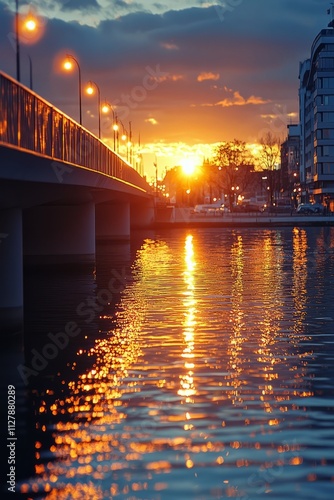 A city bridge at sunset, with the last rays of the sun reflecting off the water, the bridge lights slowly begin, Generative AI 