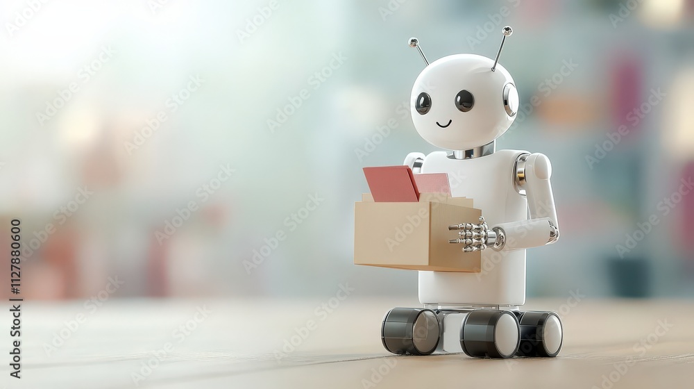 Cute white robotic assistant delivering packages in a bright modern setting with a cheerful expression and innovative design, perfect for futuristic concepts and technology themes Cute white robotic assistant delivering packages in a bright modern setting with a cheerful expression and innovative design, perfect for futuristic concepts and technology themes