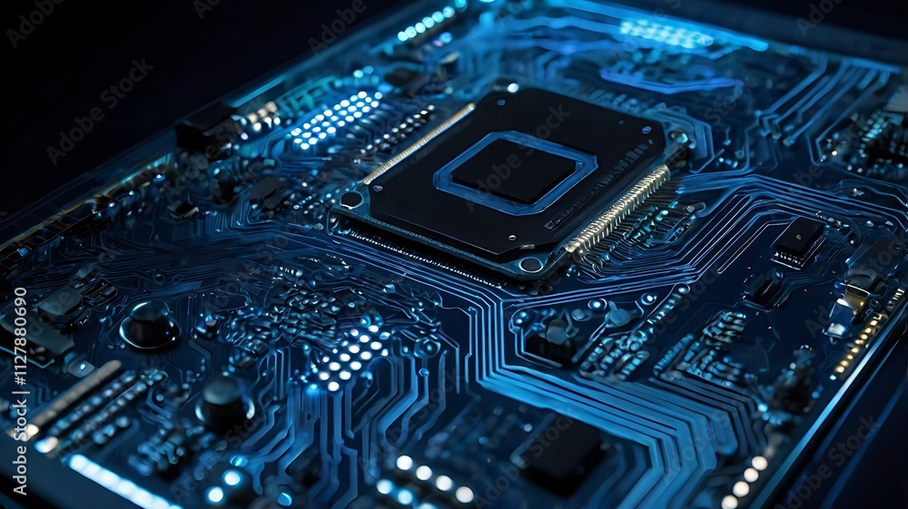 Sleek Futuristic Circuit Board with Glowing Blue Lines and Microchips Sleek Futuristic Circuit Board with Glowing Blue Lines and Microchips