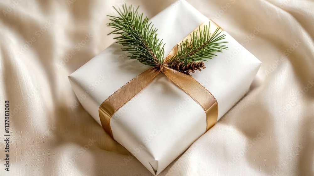 Minimalist luxury holiday gift wrapping, white paper, gold ribbon, tiny pine branch accent, soft background Minimalist luxury holiday gift wrapping, white paper, gold ribbon, tiny pine branch accent, soft background