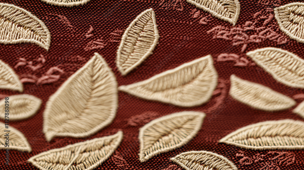 Red canvas material, pattern with leaves and plants, traditional Japanese kimono style, elegant, embroidery, curtain, bed Red canvas material, pattern with leaves and plants, traditional Japanese kimono style, elegant, embroidery, curtain, bed