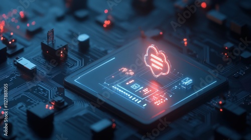 Futuristic Digital Network with Circuit Board Elements and Illuminated Cloud Icon Representing Data Connectivity and Technology Innovations in Modern Computing Systems