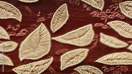 Red canvas material, pattern with leaves and plants, traditional Japanese kimono style, elegant, embroidery, curtain, bed