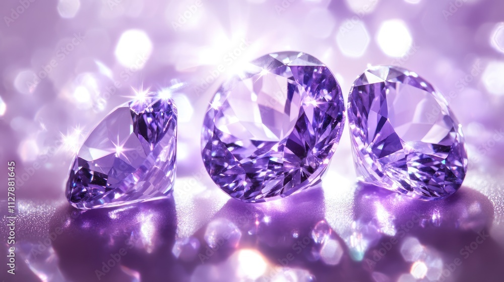 Three sparkling purple gemstones glimmering against a soft backdrop. Three sparkling purple gemstones glimmering against a soft backdrop.
