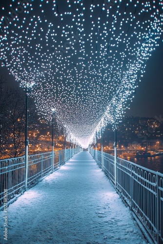 A city bridge covered in thousands of white lights, creating a stunning display, the lights twinkle as the eve, Generative AI 