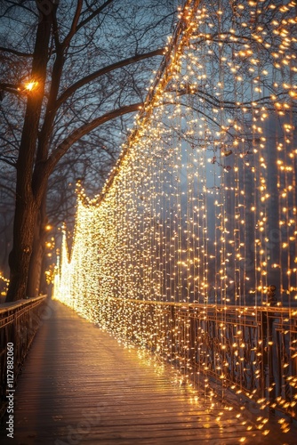 A city bridge covered in thousands of white lights, creating a stunning display, the lights twinkle as the eve, Generative AI 