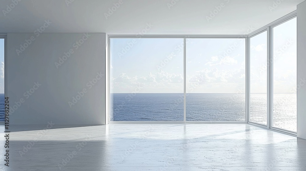 Obraz premium Bright Minimalist Interior with Large Windows Overlooking Ocean View