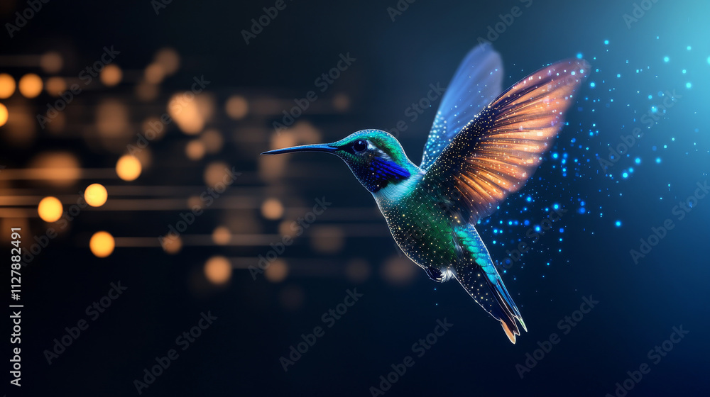 Fototapeta premium vibrant hummingbird mid flight, showcasing its colorful feathers against blurred backdrop of shimmering lights. scene captures beauty and grace of this remarkable bird