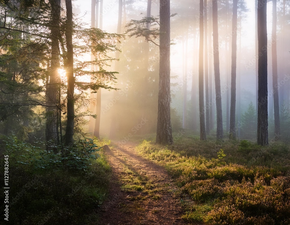 Fototapeta premium Misty Forest Trails at Dawn: Enigmatic Natural Beauty