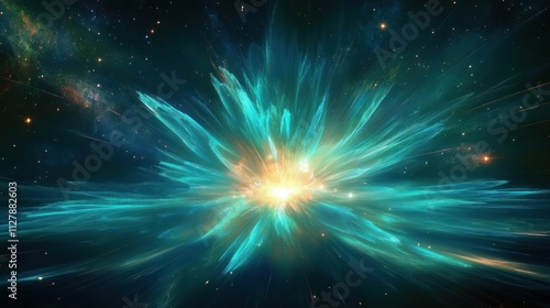 Abstract Vibrant Cosmic Explosion Surrealism Digital Design Background with Blue Teal Light Beams Starry Depth