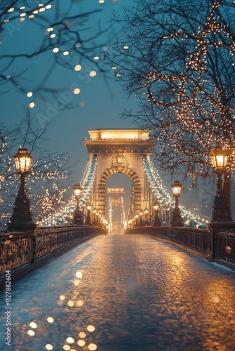 A city bridge covered in thousands of white lights, creating a stunning display, the lights twinkle as the eve, Generative AI 