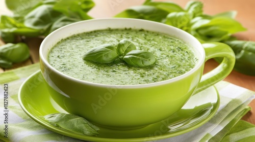 A bowl of green soup garnished with basil leaves.