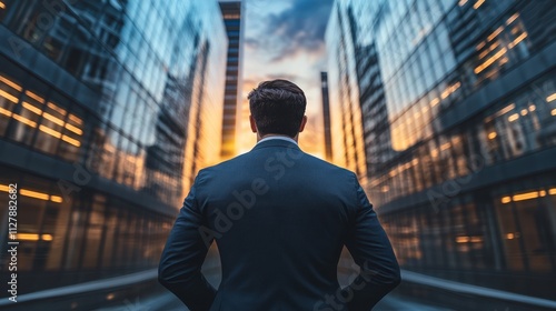 Businessman gazing at sunset between modern skyscrapers.