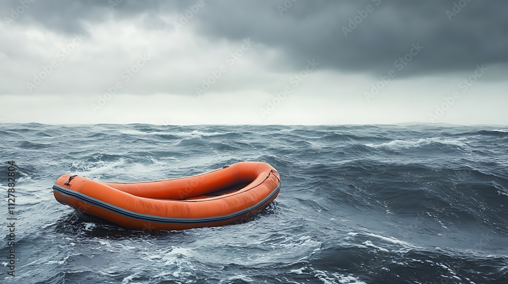 empty lifeboat floats alone in the rough sea, rescue concept empty lifeboat floats alone in the rough sea, rescue concept