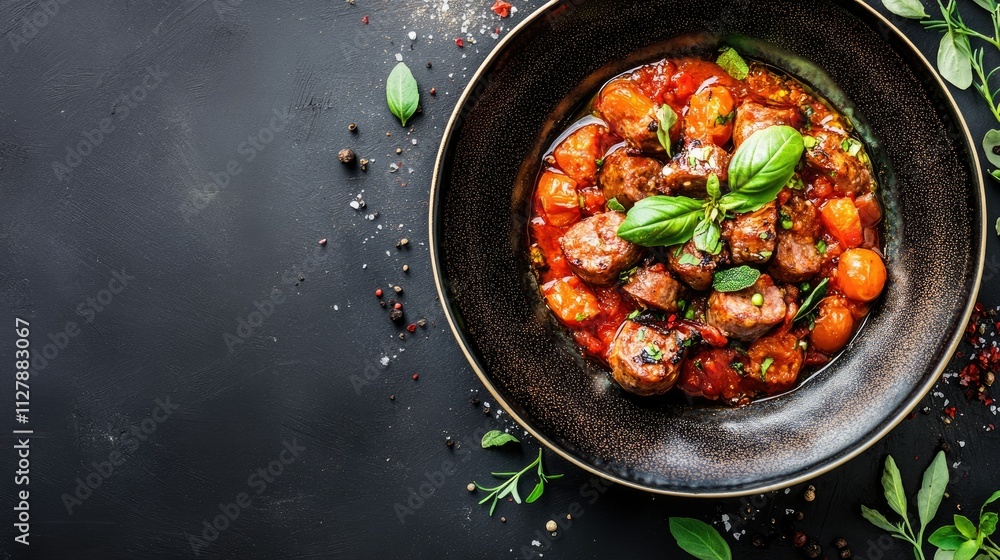 Delicious Homemade Meat Dish with Fresh Basil and Cherry Tomatoes Delicious Homemade Meat Dish with Fresh Basil and Cherry Tomatoes
