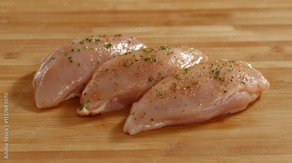 Fresh Chicken Breast Fillets Ready for Cooking on Wooden Cutting Board Fresh Chicken Breast Fillets Ready for Cooking on Wooden Cutting Board