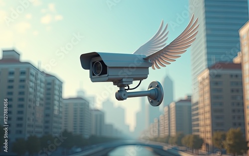 A surreal concept image of a surveillance camera with wings flying over a cityscape with blurred lights photo