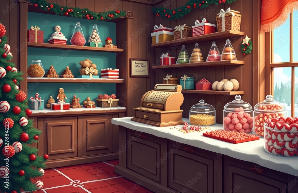 Christmas candy shop with old-fashioned cash register. Shelves stocked with peppermint sticks chocolates, gingerbread men. Decorated with Christmas tree, presents. Customer buy sweets for holidays. Christmas candy shop with old-fashioned cash register. Shelves stocked with peppermint sticks chocolates, gingerbread men. Decorated with Christmas tree, presents. Customer buy sweets for holidays.