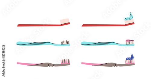 Collection of toothbrushes and toothpaste on a white background. Dentistry concept, oral care. Different toothbrushes designs with different paste. Teeth cleaning accessories. Colorful vector set