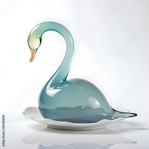 Delicate glass swan sculpture in serene blue and green tones on a white base, photography of still life concept. photo