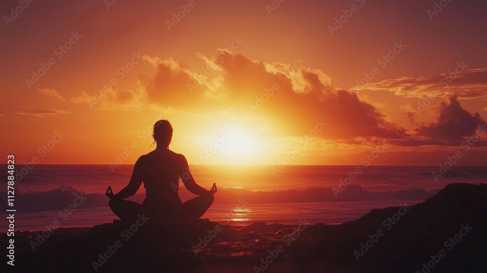 Silhouette of Yoga Practitioner Meditating at the Beach at Sunset Silhouette of Yoga Practitioner Meditating at the Beach at Sunset