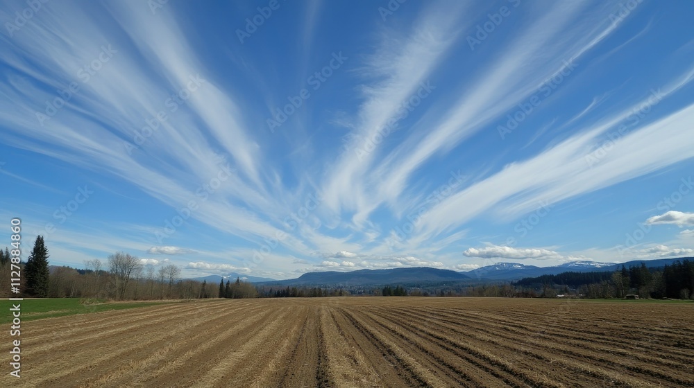 Fototapeta premium Expansive Blue Sky with Wispy Clouds Over Agricultural Landscape