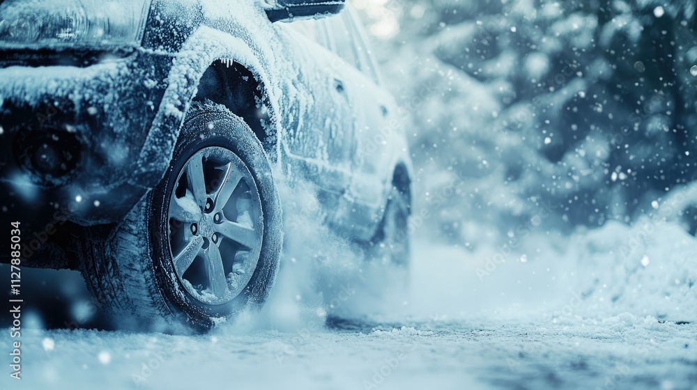 Obraz premium Snowy Scene with Vehicle Tire in Winter Wonderland Environment