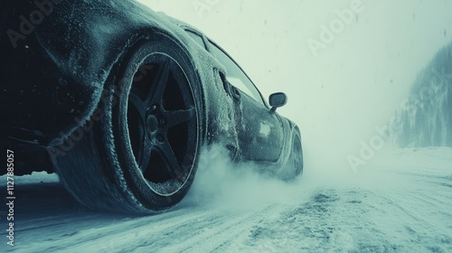 Black sports car drifting on snow-covered road in winter scene photo