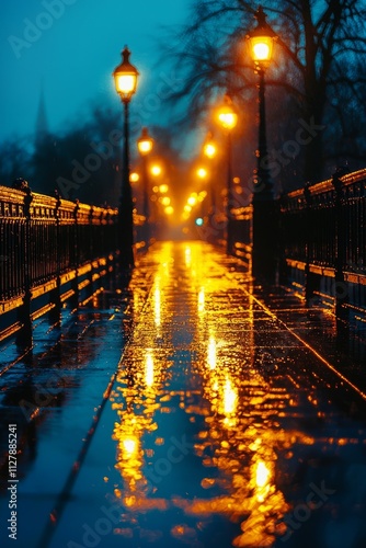 A city bridge illuminated with soft, golden lights in the late evening, the warm glow shines brightly, Genertive AI