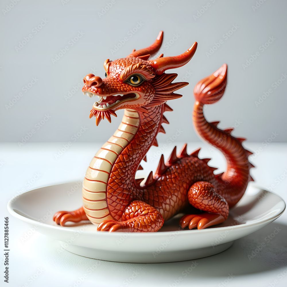 Obraz premium A stunning red dragon figurine elegantly resting on a white plate surrounded by soft light, photography of still life concept.