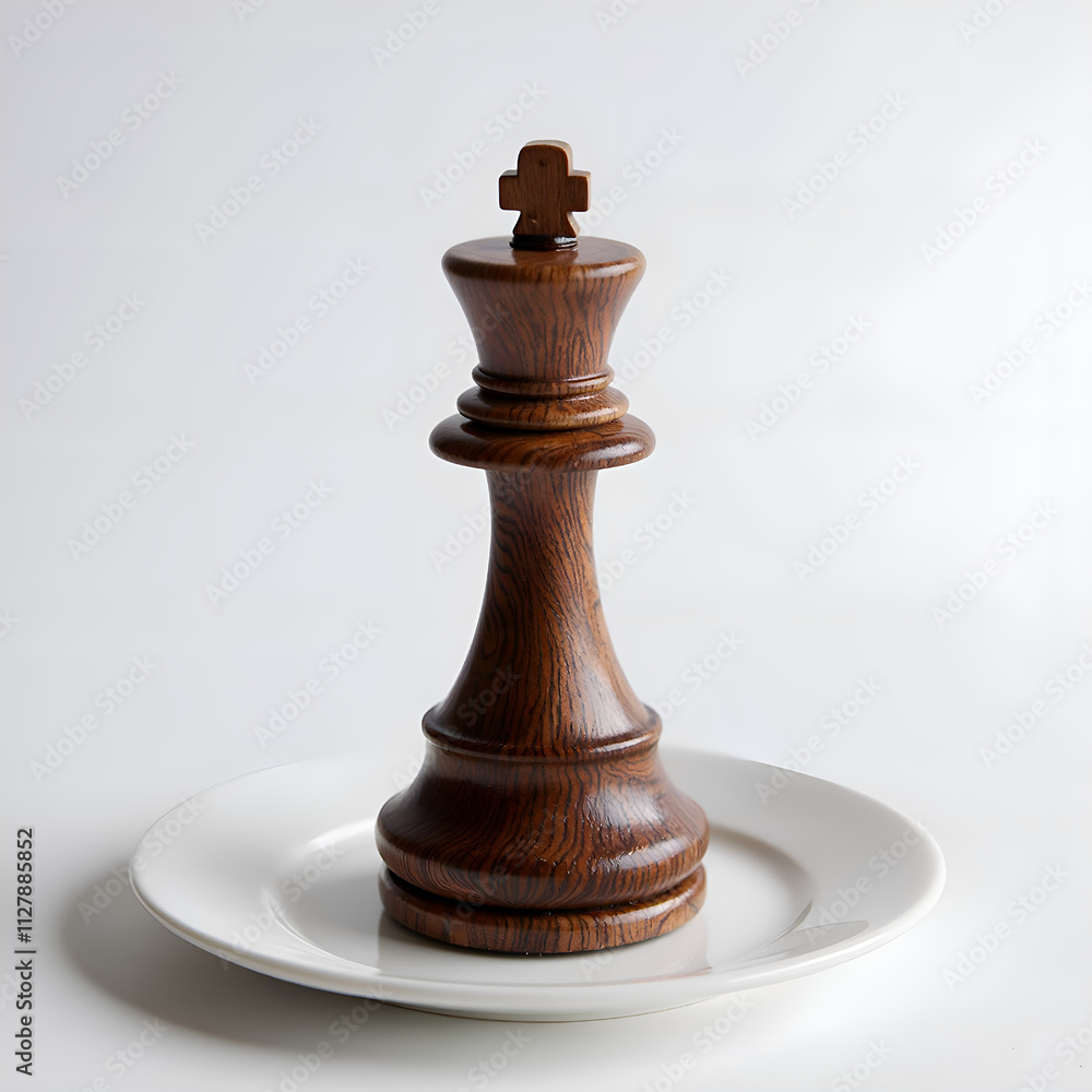 A wooden chess king poised elegantly on a white plate, blending culinary art with strategic play, photograph of still life concept. A wooden chess king poised elegantly on a white plate, blending culinary art with strategic play, photograph of still life concept.