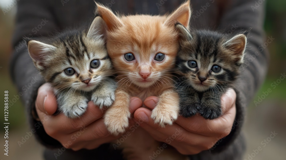 Three adorable kittens being held by a person. Three adorable kittens being held by a person.