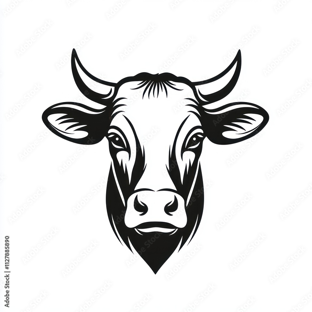Black and white illustration of a cow's head. (1) Black and white illustration of a cow's head. (1)